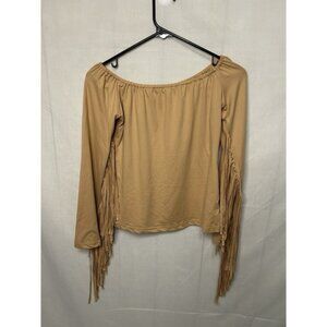 Boho Fringe Off Shoulder Top Women's Sm Tan Long Sleeve Festival Western Blouse